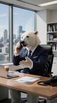 Animals work in the office. A polar bear in a business suit is tackling work tasks in the office
