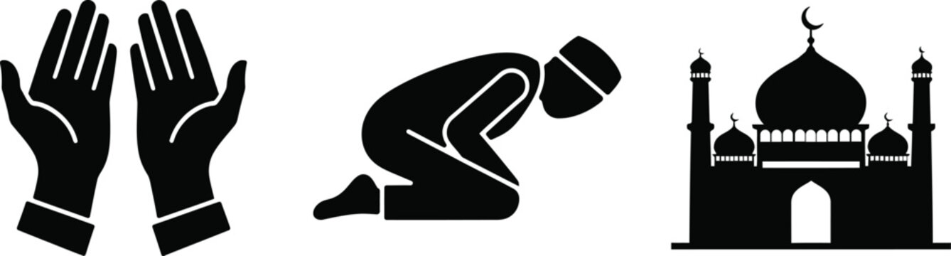 Islamic symbols praying hands prostrating figure and mosque isolated on transparent background