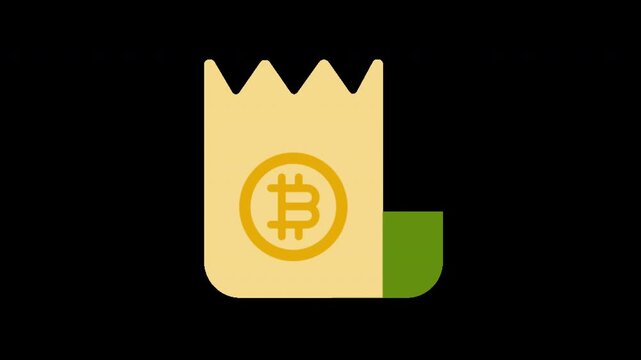 Yellow paper bag with bitcoin symbol and green corner on white background