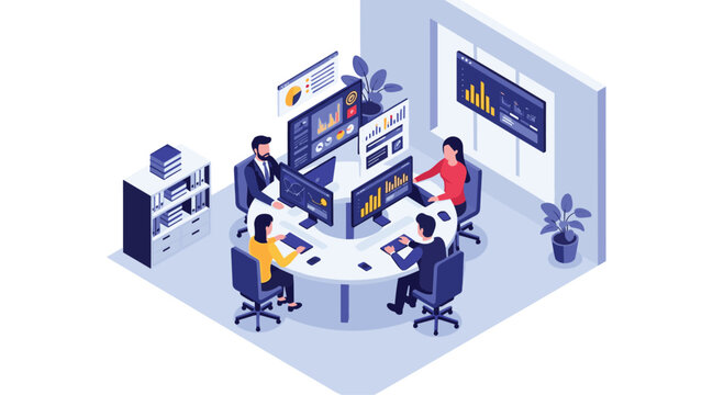 Modern office workspace with business people analyzing data on multiple computer screens and dashboards in an isometric illustration.