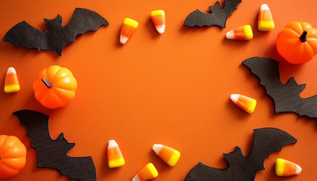 candy corn and bats on an orange background copy space