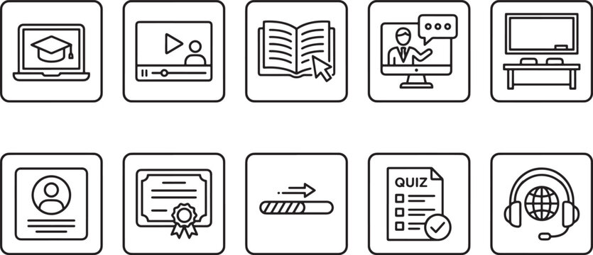 Set of ten black and white line art icons representing online education and remote learning concepts including video lessons digital books certificates and student progress tracking Vector