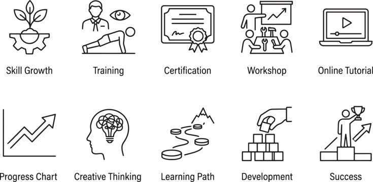 Set of ten business education and personal development icons including skill growth training certification workshop online tutorial progress chart creative thinking learning path and success Vector
