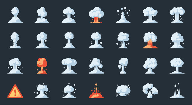Detailed collection of pixel art explosion effects and smoke cloud sprites for game design isolated on dark background.