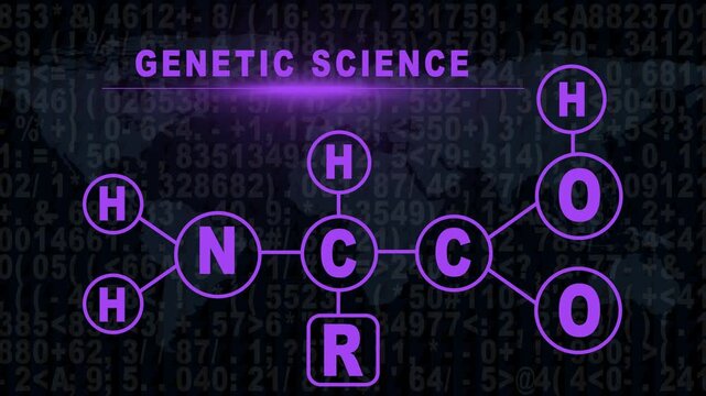 Genetic science amino acid molecular structure animation with digital data 4k background