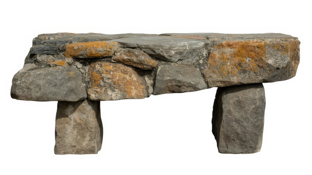 Rustic stone bench made of rough grey and orange rocks isolated on a plain white background