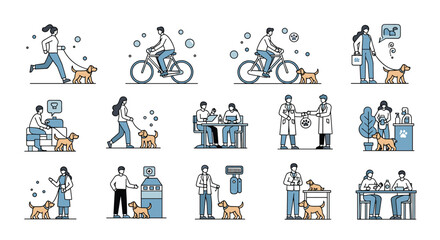 Fototapeta premium Large set of thin line icons depicting people interacting with dogs through walking, cycling, and veterinary care.
