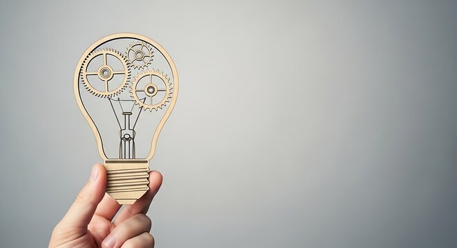 Hand holding a wooden lightbulb with gears symbolizing creative idea and innovation