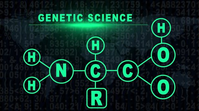 Genetic science amino acid molecular structure animation with digital data 4k background