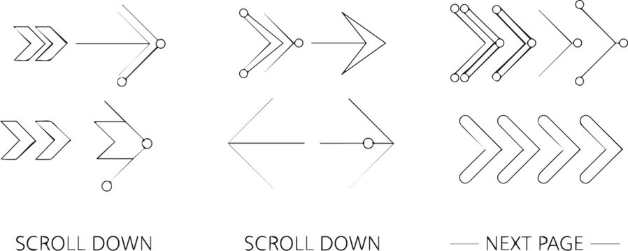 Outline Scroll Down and Next Page Arrow Icon Set with Chevron and Line Variations for Web Navigation Design