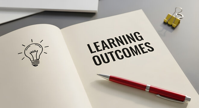 educational assessment and learning outcomes concept | academic success and student performance goals | notebook with learning outcomes text and lightbulb icon | corporate training objectives