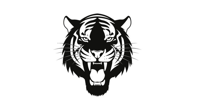 An intense black silhouette of a tiger's head with an open mouth and sharp teeth on a white background.