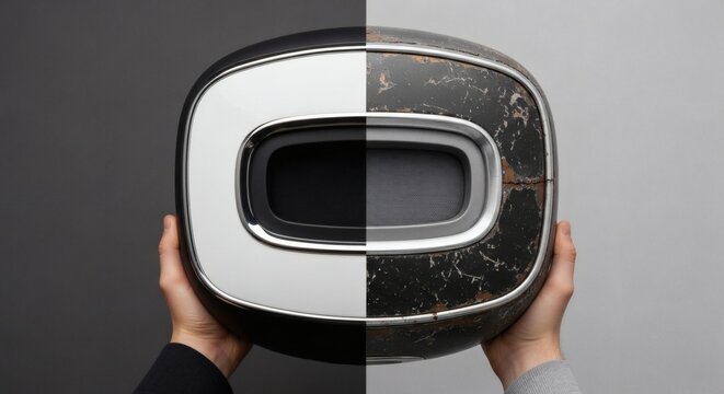 Comparison of brand new and rusty sound bar being held by hands against a gray background