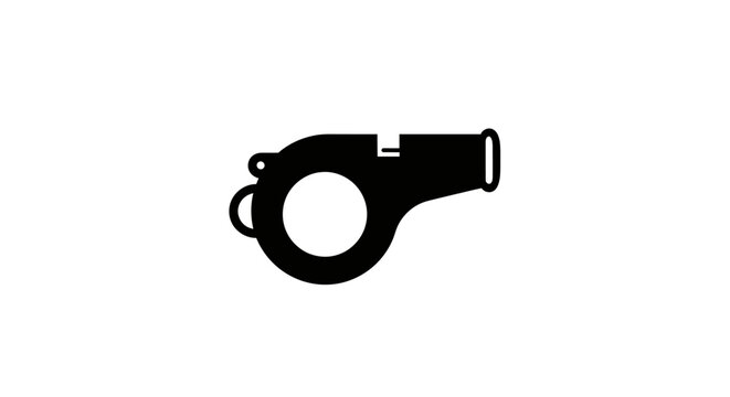 A bold black silhouette of a referee's whistle with a strap and an audible blast symbol.