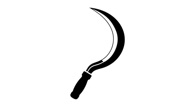 A black silhouette of a curved sickle with a wooden handle on a white background, ready for harvest.