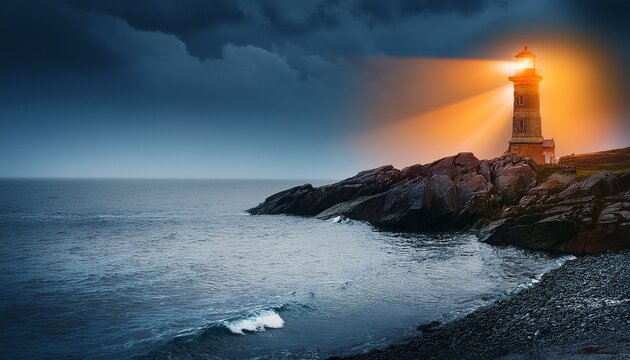 haunted lighthouse on a rocky coast glowing orange light beaming from the top