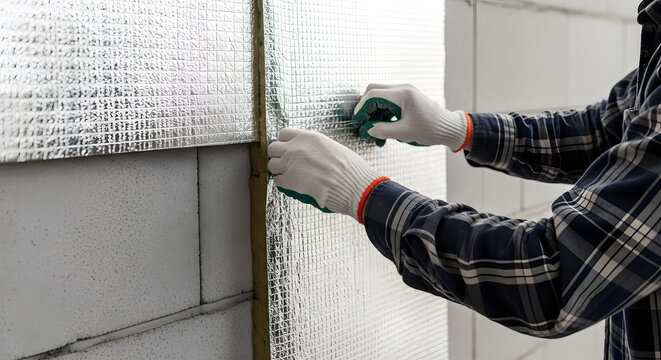 Installing reflective foil insulation on concrete wall | Energy efficient home insulation project | Professional wall insulation installation process | Thermal barrier for aerated concrete blocks