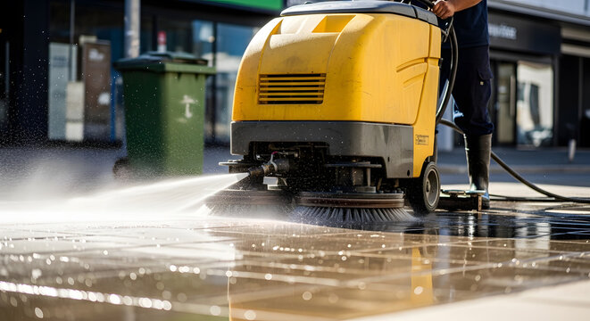 industrial floor scrubber machine cleaning | professional outdoor pavement maintenance | commercial street cleaning services | power washing stone tile walkway | urban sanitation management