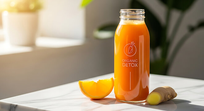 Organic Detox Juice Bottle with Orange Slice and Ginger Root on Marble Table