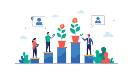 Fototapeta premium People standing on a bar graph caring for growing plants as flowers to represent business growth and team development in a professional environment.