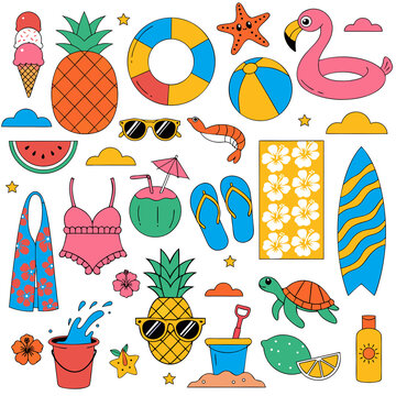 Summer vacation theme flat vector icons