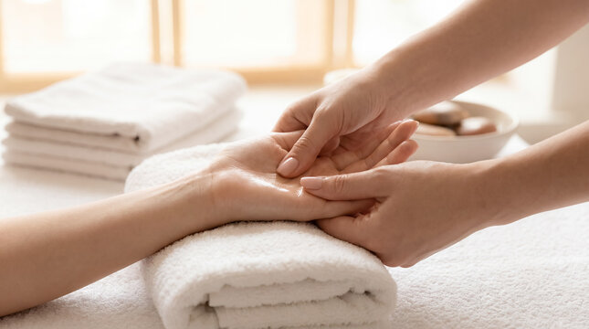hands massage spa wellness relaxation beauty pampering palm reflexology therapy self care treatment close up of female human hands gently kneading relaxed wrist on white folded towel in spa room