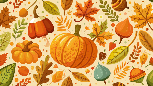 Autumn leaves, pumpkins, and acorns pattern, fall seasonal vector illustration, orange yellow foliage, Thanksgiving background