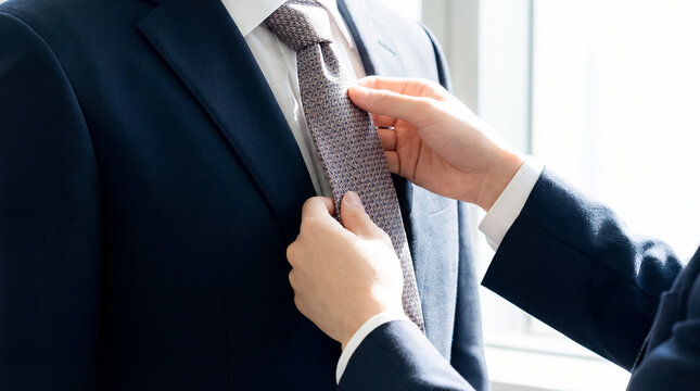 hands adjusting necktie suit groom wedding morning preparation formal style fashion elegance close up of two female human hands fixing patterned cravat on dark blazer with white shirt in bright window