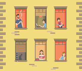 Neighbors Engaging in Different Activities in Apartment Windows Illustration © Usama Zahoor