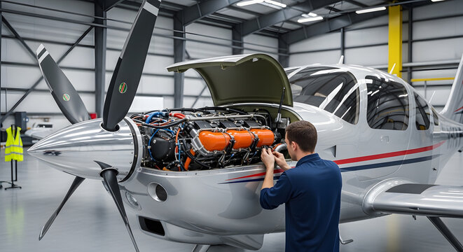 Aircraft mechanic working on plane engine in hangar | Private jet maintenance and repair services | Professional aviation technician inspecting turboprop engine | Small aircraft engine inspection