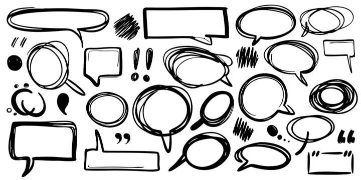 Hand drawing various colorful speech bubbles communicating ideas