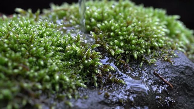 Water droplet falling onto vibrant green moss growing on a dark rough stone, macro shot, natural lighting, tranquil atmosphere