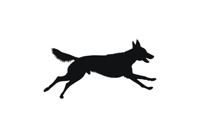 Fototapeta premium Dog running fast across a horizontal plane is depicted as a solid black silhouette isolated on a white background to emphasize animal movement, agility, and the natural behavior of domestic pets.