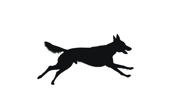 Dog running fast across a horizontal plane is depicted as a solid black silhouette isolated on a white background to emphasize animal movement, agility, and the natural behavior of domestic pets.