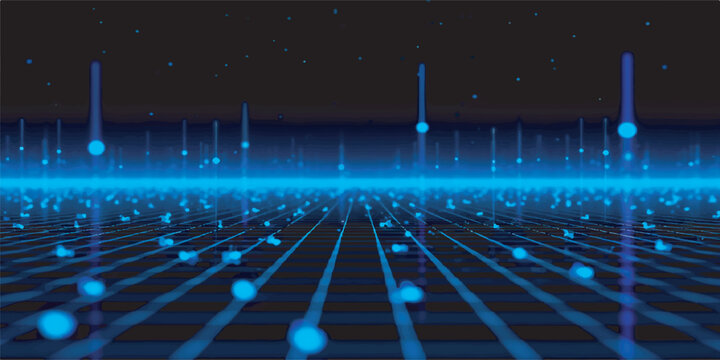 An abstract blue digital background features glowing fiber optic light spots representing data communication and internet connection for future technology design