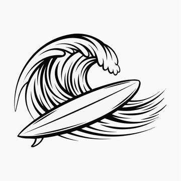 Desenho vetorial de tatuagem com onda do mare prancha de surf.
