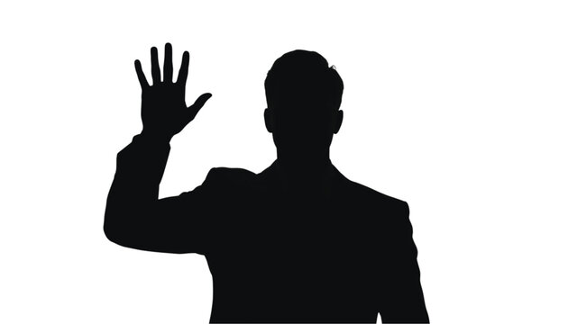 Businessman raises his hand in a clear greeting gesture, symbolizing professional networking, friendly cooperation, and positive engagement between colleagues in a modern corporate environment.