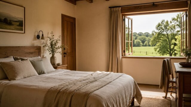 Cozy Farmhouse Bedroom with Open Window and Countryside View