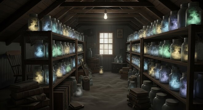 Mysterious Attic Jars with Ethereal Glowing Vapors