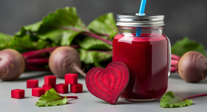 Fresh beetroot juice in a mason jar | Healthy vegetable smoothie for heart health | Organic beet detox drink with heart-shaped slice | Natural red energy booster beverage