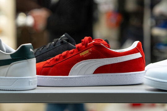 Puma shoes on a store shelf. Puma Suede XL Sneakers - The design is inspired by PUMA's breakdancing heritage and its influence on modern streetwear. Minsk, Belarus - March 31, 2025