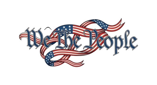 "We The People" text intertwined with patriotic American flag ribbons, symbolizing the US Constitution, freedom, and Independence Day celebration on a white background.