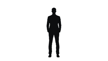 Fototapeta premium Businessman stands in a formal suit while maintaining a professional posture against a clean white background to represent corporate leadership, executive presence, and modern workplace identity.
