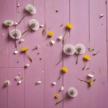 Dandelion clock and dandelion flowers on the pink floor
