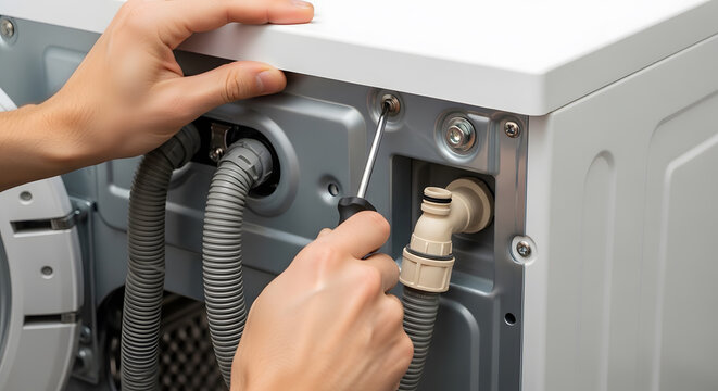 Professional washing machine repair service | DIY home appliance maintenance and installation | Repairman fixing a laundry machine with a screwdriver | Close up of hands installing a new washer