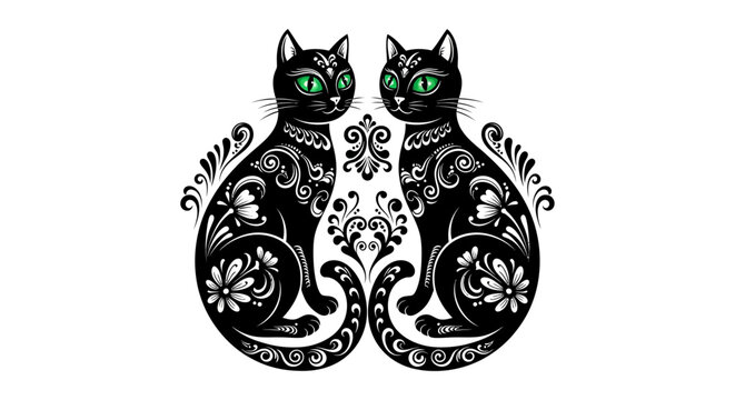 Scandinavian Cat Sith Medallion Vector with Symmetrical Emerald Eye Scrolls