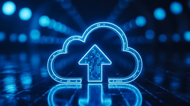 Cloud upload technology concept with glowing digital cloud icon and futuristic data transfer background