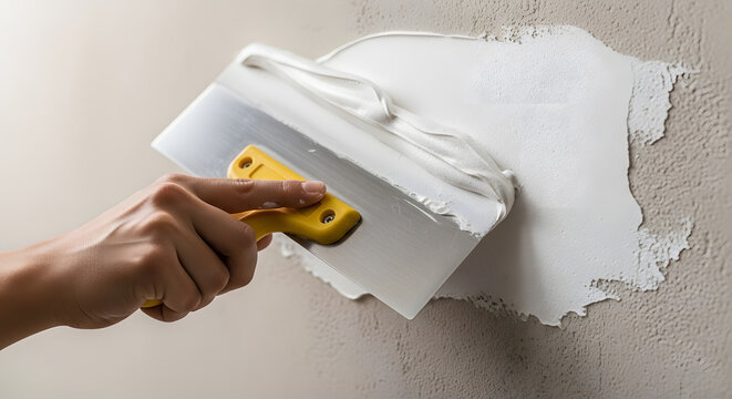 Professional wall plastering technique | Applying white joint compound with putty knife | Home interior wall renovation and repair | Close-up of worker skimming a wall surface