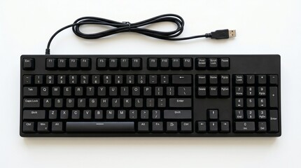 Fototapeta premium Full-sized black mechanical-style wired computer keyboard with USB braided cable. Top-down view on white background. Features a standard QWERTY layout, numeric keypad, and sleek matte finish.