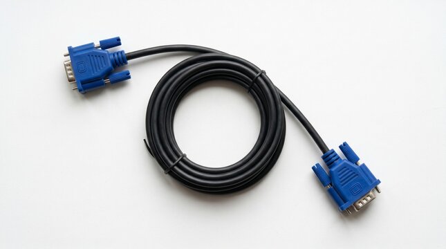 Black VGA monitor cable with blue D-Sub 15-pin connectors at both ends, neatly coiled on a white background. Standard analog video cable for connecting computers to monitors or projectors.